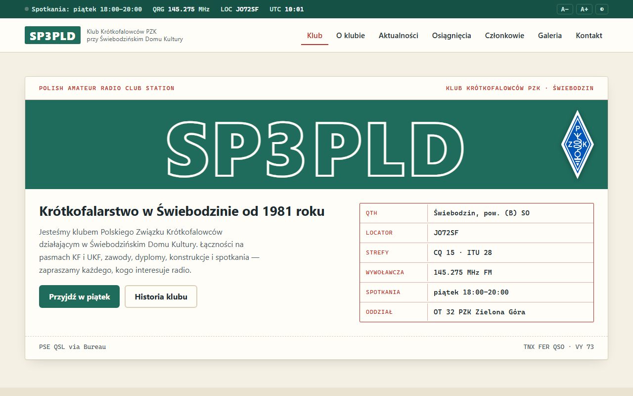 Zrzut ekranu strony Klubu Krótkofalowców SP3PLD w Świebodzinie